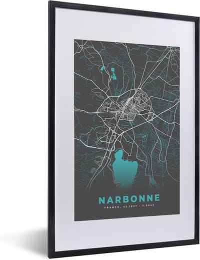Fotolijst incl. Poster - Kaart – Stadskaart – Narbonne - Plattegrond – Frankrijk - 40x60 cm - Posterlijst