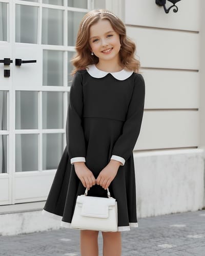 Elegante meisjes skater jurk met lange mouwen en Peter Pan kraag voor Halloween en Kerst, met zakken voor kinderen van 4-12 jaar