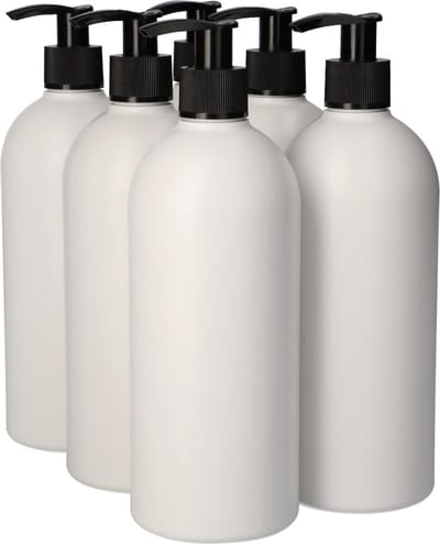 6 x Gerecyclede Plastic Fles 500 ml Dispenserpomp Zwart - Rond- Gerecycled HDPE Kunststof - Onbreekbaar - ca. 70% minder Co2 uitstoot door gerecycled materiaal - 6 stuks