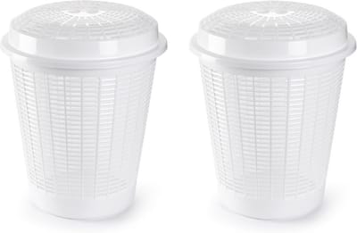 PlasticForte Wasmand met deksel - Set van 2x stuks - 50 liter - wit - rond - D45 x H57 cm - opbergmand