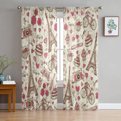 Parijs Vintage Eiffeltoren Transparant Gordijn Voor Woonkamer Slaapkamer Voile Gordijnen Voor Raam Organza Gordijnen Feest Tule Draperieën 135W x 114H(cm) white