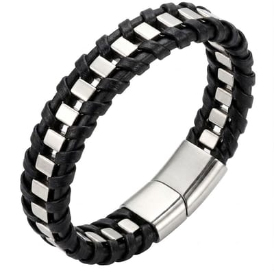 Zwarte heren armband met gevlochten leer en zilverkleurige metalen schakels – magnetische sluiting