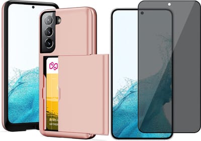 Hoesje met Pasjeshouder geschikt voor Samsung Galaxy S22 - Privacy Screen Protector FullGuard - Back Cover SlideCase Roségoud & Screenprotector
