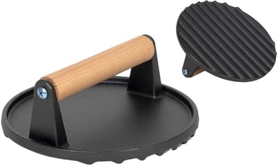 Blackwell Hamburgerpers Cook & Grill Zwart Ø 18 cm - Gietijzer Met Houten Handgreep - Zwaar Gewicht Voor Gelijkmatige Druk