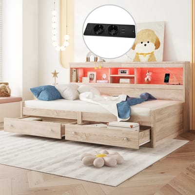 MODENUIT Bedbank 90x200 cm – Ledverlichting, 2 USB-poorten en 2 stopcontacten – 2 lades – Zonder matras – Naturel