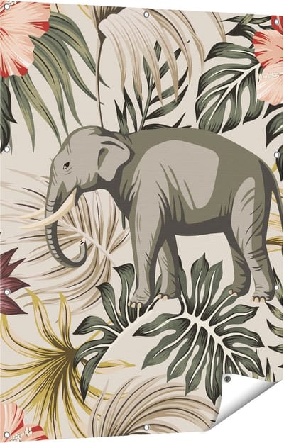 Gards Tuinposter Tropisch Getekende Olifant - Abstract - 90x120 cm - Tuindoek - Tuindecoratie - Wanddecoratie buiten - Tuinschilderij