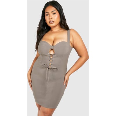 boohoo Dames Plus Bengaline Met Veters Bodycon Jurk | Taupe | Maat: 46