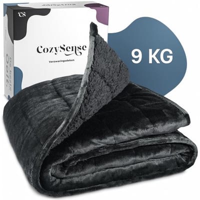 CozySense® Verzwaringsdeken 9kg - 135x200cm - Dubbelzijdig Zwaartedeken met Flanel & Sherpa Kant - Weighted Blanket met GLASS-Flow® Drukverdeling - Verzwaarde Deken - Zwart