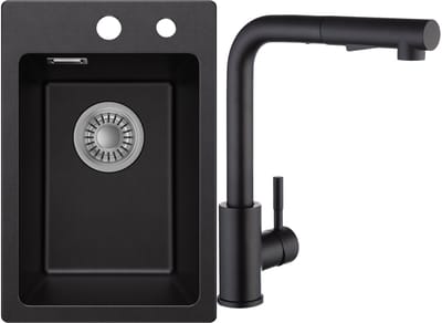 CECIPA max Spoelbak Keuken 30x45cm - Granieten Spoelbakken Zwart - Spoelbakken Keuken Met Keukenkraan Met Uittrekbare Uitloop- Wasbak Keuken