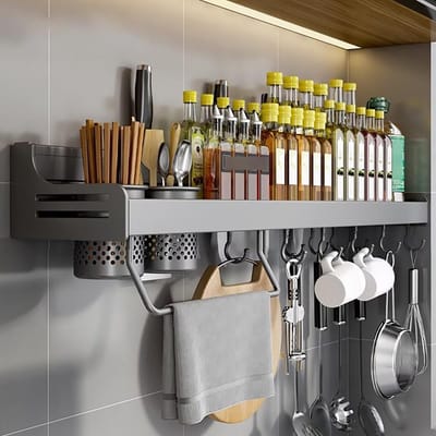 Dailygoods- Kruidenrek zonder boren - Hangend kruidenrek - Keukenrek - Muurrek - Metaal - 40 cm - Snelle montage zonder gereedschap - Specerijenrek