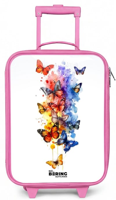 NoBoringSuitcases.com® - Kinderkoffer roze - Kindertrolley meisje - Vlinderzwerm - Koffer kind lichtgewicht - Reiskoffer trolley voor kinderen - Koffertje met lichtgevende wieltjes - Rolkoffer
