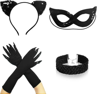 Set van 4 Kattenkostuum Accessoires met Oren, Maskers, Kettingen en Klauwen voor Halloween en Carnaval