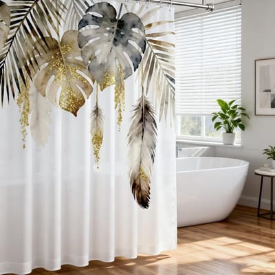 MTTproducts- Douchegordijn Waterdicht - Boho Bladeren - 183x183 cm - Zacht Polyester - Machinewasbaar - Set met Haken - Badkamergordijn