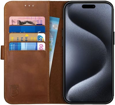 Rosso Deluxe Echt Leer Book Case Hoesje Geschikt voor Apple iPhone 15 Pro Max | Ruimte voor drie pasjes | Portemonnee Book Case | Met Pasjeshouder | Bruin