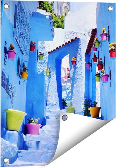 Gards Tuinposter Blauwe Huizen met Bloempotten in Chefchaouen, Marokko - 40x50 cm - Tuindoek - Tuindecoratie - Wanddecoratie buiten - Tuinschilderij