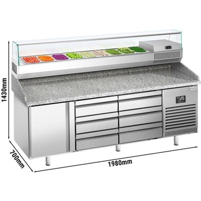 GGM Gastro Pizzakühltisch Premium PLUS - 1980x700mm - mit 1 Tür & 6 Schubladen - inkl. Kühlaufsatzvitrine - 9x GN 1/4