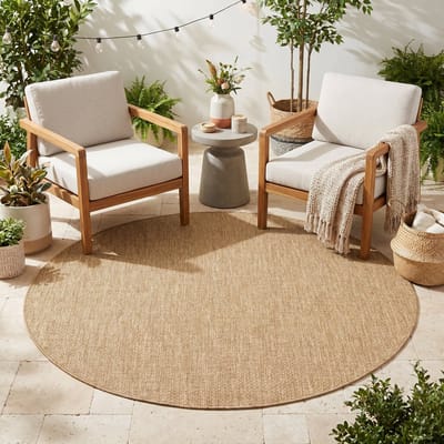 TAPISO Yucana Buitentapijt Rond - Flatweave Vloerkleed Buiten & Binnen - Modern Gemêleerd Design - Beige Creme Buitenkleed - Weerbestendig & UV-bestendig 120x120