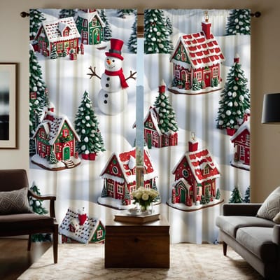 2 stuks HD Kerststad Cottage Stapel Sneeuwpop Decoratief gordijn Wit lint digitaal bedrukt gordijn Woondecoratie stijl Decora W52H63inchW132H160cm gray