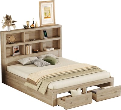 Merax 160x200cm Tweepersoonsbed van Massief Hout - Queensize Bed met 2 Opberglades en Hoofdbord met Opbergruimte - Natuurlijke Kleur Bruin