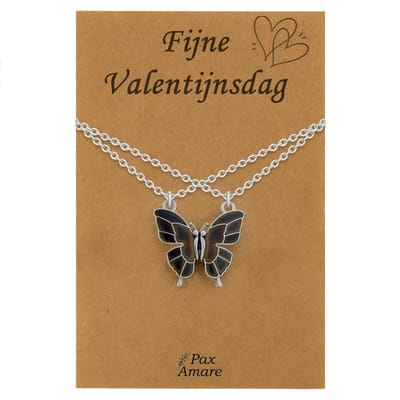 Koppel Ketting voor 2 'Fijne Valentijnsdag' - Vlinder VERANDERT VAN KLEUR - Vriendschapsketting op Cadeau Kaartje - 45cm + 5cm verstelbaar - Zilverkleurig - BFF Hanger - Pax Amare