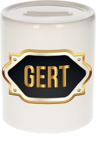 Spaarpot met voornaam Gert - wit - met goud/zwart embleem - 8 x 9 cm - keramiek - met afsluitdop - cadeau verjaardag