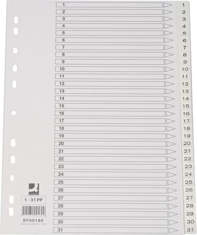 Q-CONNECT tabbladen, A4, PP, 11-gaatsperforatie, met indexblad, set van 1-31, wit 15 stuks
