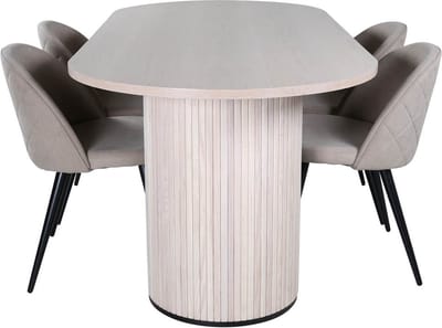 BiancaWW eethoek eetkamertafel eik fineer wit washed en 4 Velvet Stitches eetkamerstal beige.