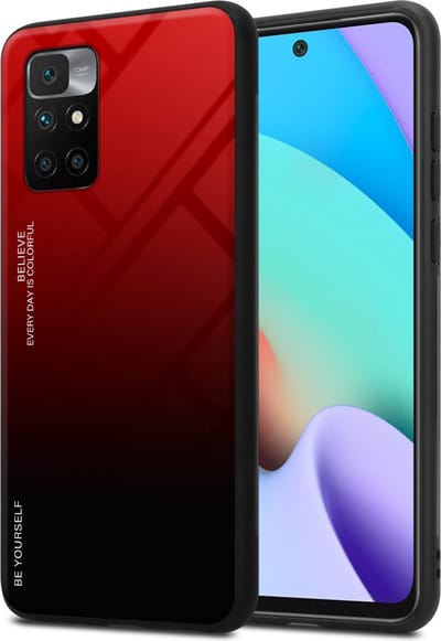 Cadorabo Hoesje geschikt voor Xiaomi RedMi 10 in ROOD - ZWART - Tweekleurige beschermhoes van TPU-silicone Case Cover en achterzijde van gehard glas