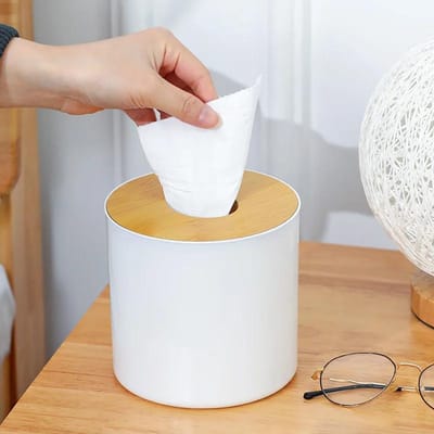 Circulaire Bamboe en Hout Tissuebox Creatief Minimalistisch Woonkamer Thuis Papier Lade Servettenbox Opbergdoos voor Afstandsbediening Rol wit