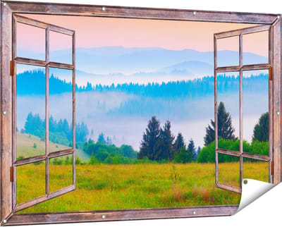 Gards Tuinposter Doorkijk Mistige Heuvel Landschap met Bossen - 150x100 cm - Tuindoek - Tuindecoratie - Wanddecoratie buiten - Tuinschilderij