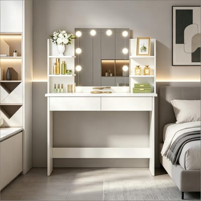 OKWISH Kaptafel – Met Led-Spiegel En 2 Laden – Voor Slaapkamer – Witte Houtlook En Kunststof – 90x40x135 cm