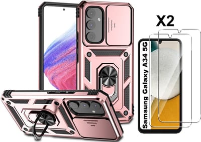 Hoesje Geschikt Voor Samsung Galaxy A34 hoesje Rose Goud met Ring Houder en camera bescherming - Galaxy A34 Screenprotector - 2 stuks