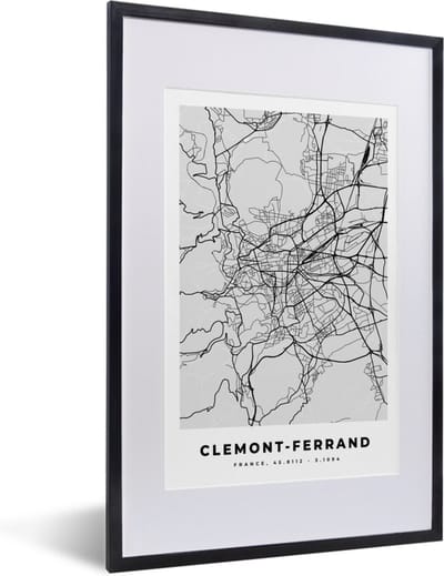 Fotolijst incl. Poster - Frankrijk - Clemont-Ferrand - Stadskaart - Plattegrond - Kaart - 40x60 cm - Posterlijst