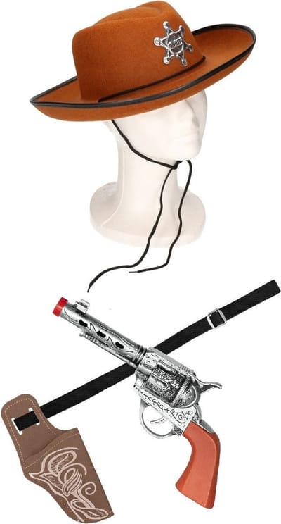 Funny Fashion Verkleed cowboy hoed - bruin- met holster en een revolver - voor kinderen - carnaval