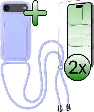 Hoes Geschikt voor iPhone Air Hoesje Pas Houder Case Hoes Met Koord Met 2x Screenprotector - Hoesje Geschikt voor iPhone Air Hoes Met Telefoonkoord Pasjeshouder Cover - Lila