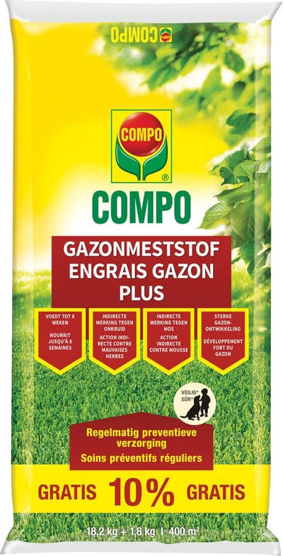 COMPO Gazonmeststof Plus - met indirecte werking tegen onkruid en mos - voedt tot 8 weken lang - zak 18,2 kg + 1,8 kg gratis (400 m²)