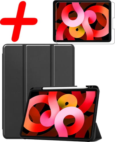 Hoesje Geschikt voor Apple iPad Air 5 (2022) - 10.9 inch - 5e Generatie - M1 - Met Screenprotector - Trifold Bookcase - Hard Cover Case - Met Uitsparing Geschikt voor Apple Pencil - Hardcover Book - Tablet Hoes - Zwart