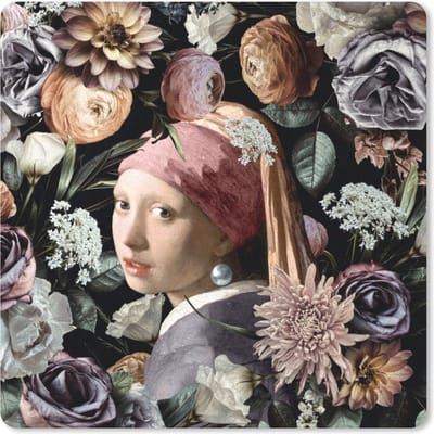 Muismat 20x20 cm - Mousepad Meisje met de parel - Bloemen - Vermeer - Pastel - Kunstwerk - Schilderij - Oude meesters - Muismatten