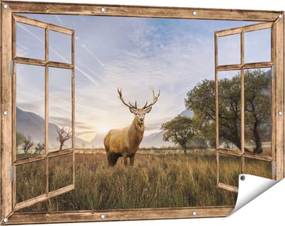Gards Tuinposter Doorkijk Hert in het Landschap - 120x80 cm - Tuindoek - Tuindecoratie - Wanddecoratie buiten - Tuinschilderij