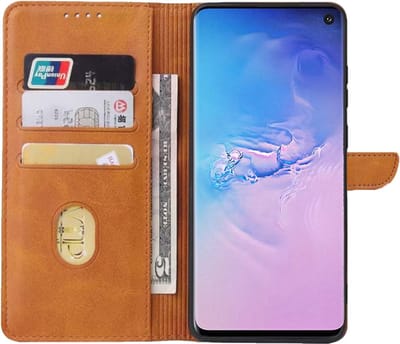 Geschikt voor Samsung Galaxy S10 Telefoonhoesje Kunstleer met Magnetisch lipje en Pasjeshouder Book Case met Klepje - Bruin - Smartphonica geschikt voor Samsung Galaxy S10