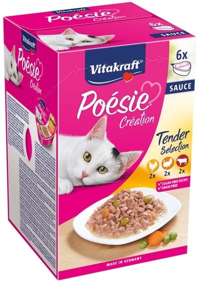 Vitakraft Poésie multipack saus - natvoer - 6x85 gram - met kip & groente in saus, rund & wortel in saus en kalkoen in kaassaus