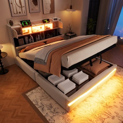 DESMIU Gestoffeerd Bed 140x200cm – Hydraulisch Opbergbed Met Ledverlichting En Oplaadfunctie – Hoofdbord Met Opbergruimte – Zonder Matras – Beige