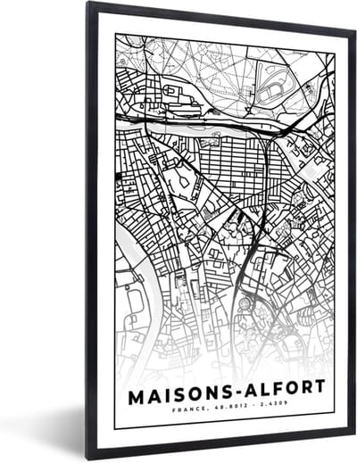 Fotolijst incl. Poster Zwart Wit- Stadskaart - Plattegrond - Maisons-Alfort - Kaart - Frankrijk - Zwart wit - 40x60 cm - Posterlijst