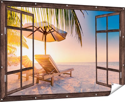 Gards Tuinposter Doorkijk Tropisch Strand tijdens Zonsondergang - 180x120 cm - Tuindoek - Tuindecoratie - Wanddecoratie buiten - Tuinschilderij