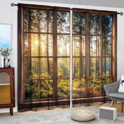 2 pièces Décorer la forêt à l'extérieur de la fenêtre Rideau imprimé pour Halloween Décoration d'intérieur - Traitement de fenêtre à œillets pour chambre 52.5cmX116cm X 2pcs brown
