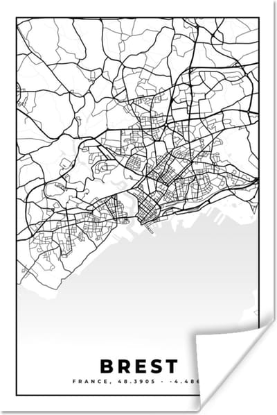 Poster Stadskaart - Plattegrond - Kaart - Frankrijk - Brest - Zwart wit - 120x180 cm XXL