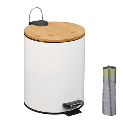 pedaalemmer 5 l - softclose - met vuilniszakken - bamboe deksel - badkamer - wit