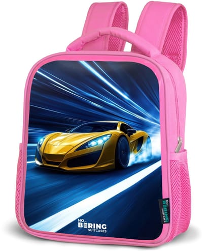 NoBoringSuitcases.com® - Rugzak roze - Schooltas meisjes - Gele sportwagen in lichttunnel van snelheid - Kinder rugtas meisje - Boekentas kind - Kinderrugzak voor school - Schoolrugzak