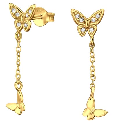 Joy|S - Zilveren vlinder bedel oorbellen - vlinder oorknoppen met hangend vlindertje - kettinkje - 7 x 26 mm - zirkonia - sterling zilver 925 - gold plated