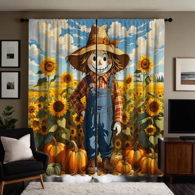2 stuks HD Zonnebloem Vogelverschrikker decoratief gordijn in het veld Geel lint digitaal bedrukt gordijn Huisdecoratie stijl Decorati W52H63inchW132H160cm beige